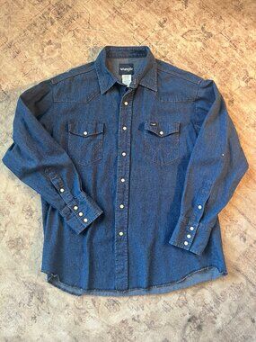 Wrangler Western Denim Snap Button Shirt Blue 17.5/35 XL